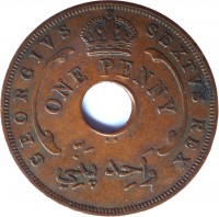 British West Africa coin 1 Penny - George VI (1952) obverse obverse of 1 Penny - George VI (1952) coin with KM# 30a from British West Africa. Inscription: GEORGIVS SEXTVS REX ONE PENNY وَاحِد پَنّي