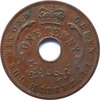 British West Africa coin 1 Penny - Elizabeth II (1956 - 1958) obverse obverse of 1 Penny - Elizabeth II (1956 - 1958) coin with KM# 33 from British West Africa. Inscription: QUEEN ELIZABETH THE SECOND ONE PENNY وَاحِد پَنّي