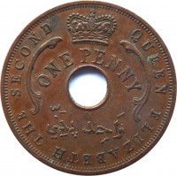 obverse of 1 Penny - Elizabeth II (1956 - 1958) coin with KM# 33 from British West Africa. Inscription: QUEEN ELIZABETH THE SECOND ONE PENNY وَاحِد پَنّي