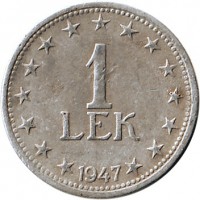 reverse of 1 Lek (1947 - 1957) coin with KM# 36 from Albania. Inscription: 1 LEK 1947