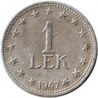 Albania coin 1 Lek (1947 - 1957) reverse reverse of 1 Lek (1947 - 1957) coin with KM# 36 from Albania. Inscription: 1 LEK 1947