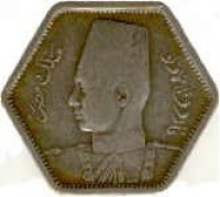 obverse of 2 Piastres - Farouk I (1944) coin with KM# 369 from Egypt. Inscription: فاروق الأول ملك مصر