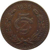 Mexico coin 5 Centavos (1914 - 1935) reverse reverse of 5 Centavos (1914 - 1935) coin with KM# 422 from Mexico. Inscription: 1935 5¢ Mo
