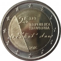 obverse of 2 Euro - Independence (2016) coin from Slovenia. Inscription: 25 LET REPUBLIKA SLOVENIJA dočákat dan 2016
