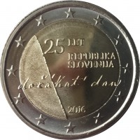 Slovenia coin 2 Euro - Independence (2016) obverse obverse of 2 Euro - Independence (2016) coin from Slovenia. Inscription: 25 LET REPUBLIKA SLOVENIJA dočákat dan 2016
