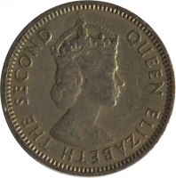 obverse of 25 Cents - Elizabeth II - 1'st Portrait (1955 - 1965) coin with KM# 6 from Eastern Caribbean States. Inscription: QUEEN ELIZABETH THE SECOND