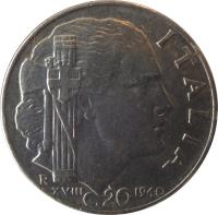 Italy coin 20 Centesimi - Vittorio Emanuele III - Magnetic with reeded edge (1939 - 1943) reverse reverse of 20 Centesimi - Vittorio Emanuele III - Magnetic with reeded edge (1939 - 1943) coin with KM# 75b from Italy. Inscription: ITALIA R XVIII 1940 C.20