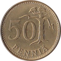 reverse of 50 Penniä (1963 - 1990) coin with KM# 48 from Finland. Inscription: 50 PENNIÄ