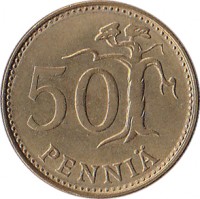Finland coin 50 Penniä (1963 - 1990) reverse reverse of 50 Penniä (1963 - 1990) coin with KM# 48 from Finland. Inscription: 50 PENNIÄ