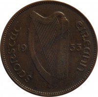 obverse of 1/2 Penny (1928 - 1937) coin with KM# 2 from Ireland. Inscription: SAORSTAT ÉIREANN 19 33