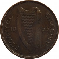 Ireland coin 1/2 Penny (1928 - 1937) obverse obverse of 1/2 Penny (1928 - 1937) coin with KM# 2 from Ireland. Inscription: SAORSTAT ÉIREANN 19 33