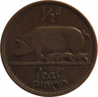 reverse of 1/2 Penny (1928 - 1937) coin with KM# 2 from Ireland. Inscription: 1/2d LEAT PINGIN
