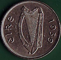 obverse of 6 Pence (1939 - 1940) coin with KM# 13 from Ireland. Inscription: éire 1940