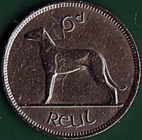 reverse of 6 Pence (1939 - 1940) coin with KM# 13 from Ireland. Inscription: 6d Reul