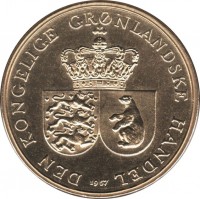 obverse of 1 Krone - Frederik IX (1957) coin with KM# 10 from Greenland. Inscription: DEN KONGELIGE GRØNLANDSKE HANDEL 1957