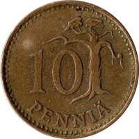 Finland coin 10 Penniä (1963 - 1982) reverse reverse of 10 Penniä (1963 - 1982) coin with KM# 46 from Finland. Inscription: 10 PENNIÄ