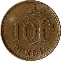 reverse of 10 Penniä (1963 - 1982) coin with KM# 46 from Finland. Inscription: 10 PENNIÄ