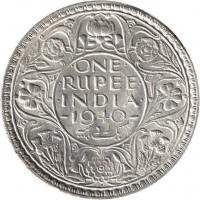 India coin 1 Rupee - George VI (1939 - 1943) reverse reverse of 1 Rupee - George VI (1939 - 1943) coin with KM# 556 from India. Inscription: ONE RUPEE INDIA 1940 یک روپیہ