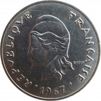 obverse of 50 Francs (1967) coin with KM# 7 from New Caledonia. Inscription: RÉPUBLIQUE FRANÇAISE · 1967 · R·JOLY