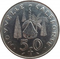 New Caledonia coin 50 Francs (1967) reverse reverse of 50 Francs (1967) coin with KM# 7 from New Caledonia. Inscription: · NOUVELLE - CALÉDONIE · 50 f