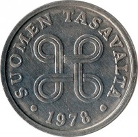obverse of 5 Penniä (1977 - 1990) coin with KM# 45a from Finland. Inscription: SUOMEN TASAVALTA 1973