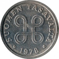 Finland coin 5 Penniä (1977 - 1990) obverse obverse of 5 Penniä (1977 - 1990) coin with KM# 45a from Finland. Inscription: SUOMEN TASAVALTA 1973