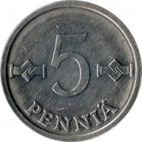 reverse of 5 Penniä (1977 - 1990) coin with KM# 45a from Finland. Inscription: 5 PENNIÄ
