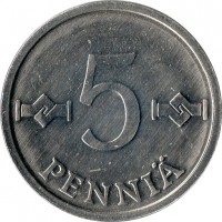 Finland coin 5 Penniä (1977 - 1990) reverse reverse of 5 Penniä (1977 - 1990) coin with KM# 45a from Finland. Inscription: 5 PENNIÄ