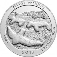 United States coin 1/4 Dollar - Effigy Mounds National Monument - Washington Quarter (2017) reverse reverse of 1/4 Dollar - Effigy Mounds National Monument - Washington Quarter (2017) coin with KM# 653a from United States. Inscription: EFFIGY MOUNDS IOWA E PLURIBUS UNUM 2017
