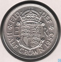 United Kingdom coin 1/2 Crown - Elizabeth II - With BRITT:OMN; 1'st Portrait (1953) reverse reverse of 1/2 Crown - Elizabeth II - With BRITT:OMN; 1'st Portrait (1953) coin with KM# 893 from United Kingdom. Inscription: FID. .DEF ER HALF CROWN 1953