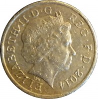 obverse of 1 Pound - Elizabeth II - National Flora: Northern Ireland - 4'th Portrait (2014) coin with KM# 1284 from United Kingdom. Inscription: ELIZABETH · II · D · G REG · F · D · 2014