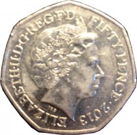 United Kingdom coin 50 Pence - Elizabeth II - 100th Anniversary of the Birth of Sir Benjamin Britten - 4'th Portrait (2013) obverse obverse of 50 Pence - Elizabeth II - 100th Anniversary of the Birth of Sir Benjamin Britten - 4'th Portrait (2013) coin with KM# 1253 from United Kingdom. Inscription: ELIZABETH · II D · G · REG · F · D FIFTY PENCE · 2013 IRB