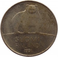 obverse of 50 Penniä (1990 - 2001) coin with KM# 66 from Finland. Inscription: SUOMI FINLAND 1991