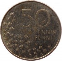 Finland coin 50 Penniä (1990 - 2001) reverse reverse of 50 Penniä (1990 - 2001) coin with KM# 66 from Finland. Inscription: 50 PENNIÄ PENNI
