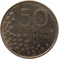 reverse of 50 Penniä (1990 - 2001) coin with KM# 66 from Finland. Inscription: 50 PENNIÄ PENNI