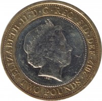 obverse of 2 Pounds - Elizabeth II - 200th Anniversary of Birth of Charles Dickens - 4'th Portrait (2012) coin with KM# 1224 from United Kingdom. Inscription: ELIZABETH · II · D· G· REG · FID · DEF · 2012 · TWO POUNDS