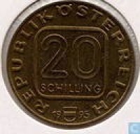 obverse of 20 Schilling - 1000th Anniversary of Krems (1995) coin with KM# 3022 from Austria. Inscription: REPUBLIK OSTERREICH 20 SCHILLING