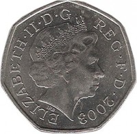United Kingdom coin 50 Pence - Elizabeth II - 100th Anniversary of the Formation of the Women's Social and Political Union - 4'th Portrait (2003) obverse obverse of 50 Pence - Elizabeth II - 100th Anniversary of the Formation of the Women's Social and Political Union - 4'th Portrait (2003) coin with KM# 1036 from United Kingdom. Inscription: ELIZABETH · II · D · G REG · F · D · 2003 IRB