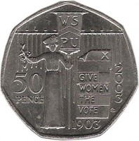 United Kingdom coin 50 Pence - Elizabeth II - 100th Anniversary of the Formation of the Women's Social and Political Union - 4'th Portrait (2003) reverse reverse of 50 Pence - Elizabeth II - 100th Anniversary of the Formation of the Women's Social and Political Union - 4'th Portrait (2003) coin with KM# 1036 from United Kingdom. Inscription: WS PU GIVE WOMEN THE VOTE 2003 50 PENCE 1903