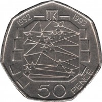 United Kingdom coin 50 Pence - Elizabeth II - British Presidency of European Council of Ministers - 3'rd Portrait (1992) reverse reverse of 50 Pence - Elizabeth II - British Presidency of European Council of Ministers - 3'rd Portrait (1992) coin with KM# 963 from United Kingdom. Inscription: 1992 UK 1993 MMD 50 PENCE