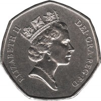 United Kingdom coin 50 Pence - Elizabeth II - British Presidency of European Council of Ministers - 3'rd Portrait (1992) obverse obverse of 50 Pence - Elizabeth II - British Presidency of European Council of Ministers - 3'rd Portrait (1992) coin with KM# 963 from United Kingdom. Inscription: ELIZABETH II DEI · GRA · REG · F · D RDM