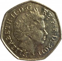 United Kingdom coin 50 Pence - Elizabeth II - London Olympics 2012: Athletics - 4'th Portrait (2009 - 2011) obverse obverse of 50 Pence - Elizabeth II - London Olympics 2012: Athletics - 4'th Portrait (2009 - 2011) coin with KM# 1150 from United Kingdom. Inscription: ELIZABETH · II · D · G · REG F · D · 2011 IRB