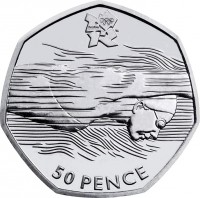 reverse of 50 Pence - Elizabeth II - London Olympics 2012: Aquatics - 4'th Portrait (2011) coin with KM# 1166 from United Kingdom. Inscription: 2012 50 PENCE