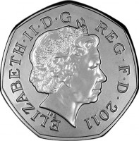 obverse of 50 Pence - Elizabeth II - London Olympics 2012: Aquatics - 4'th Portrait (2011) coin with KM# 1166 from United Kingdom. Inscription: ELIZABETH · II · D · G · REG · F · D · 2011 IRB