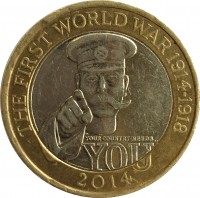 United Kingdom coin 2 Pounds - Elizabeth II - 100th Anniversary of the First World War (2014) reverse reverse of 2 Pounds - Elizabeth II - 100th Anniversary of the First World War (2014) coin with KM# 1279 from United Kingdom. Inscription: THE FIRST WORLD WAR 1914-1918