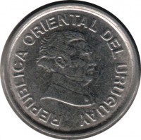 obverse of 10 Centesimos (1994) coin with KM# 102 from Uruguay. Inscription: REPUBLICA ORIENTAL DEL URUGUAY