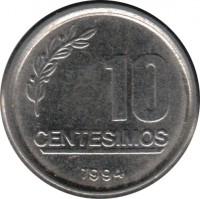 reverse of 10 Centesimos (1994) coin with KM# 102 from Uruguay. Inscription: 10 CENTESIMOS 1994
