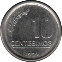 Uruguay coin 10 Centesimos (1994) reverse reverse of 10 Centesimos (1994) coin with KM# 102 from Uruguay. Inscription: 10 CENTESIMOS 1994