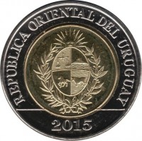 obverse of 10 Pesos Uruguayos - Bicentennial of the Land Regulations of 1815 (2015) coin with KM# 141 from Uruguay. Inscription: REPUBLICA ORIENTAL DEL URUGUAY 2015