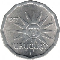 obverse of 1 Centésimo (1977) coin with KM# 71 from Uruguay. Inscription: 1977 URUGUAY So